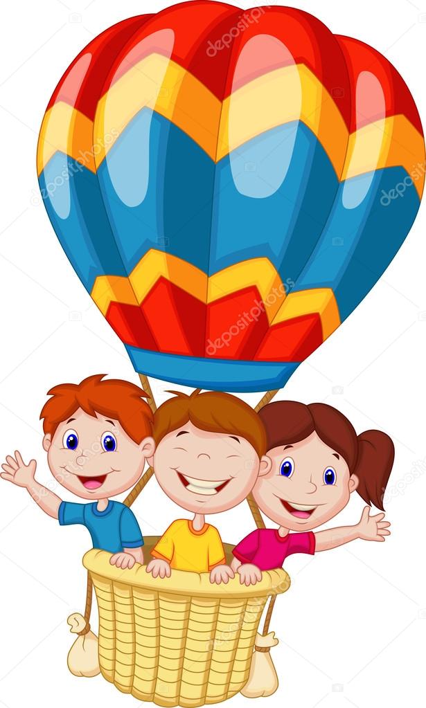 Happy kids riding a hot air balloon
