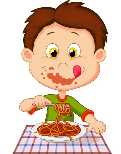 Niño comiendo espaguetis — Vector de stock