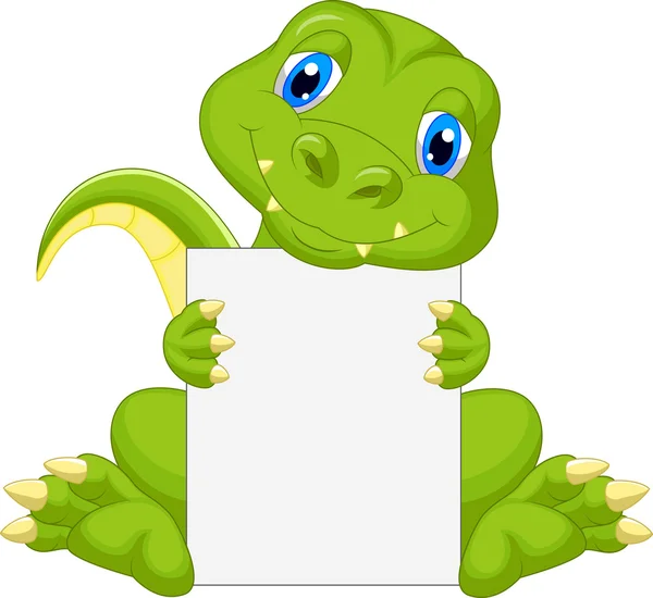 Linda caricatura de dinosaurio sosteniendo el signo en blanco — Vector de stock