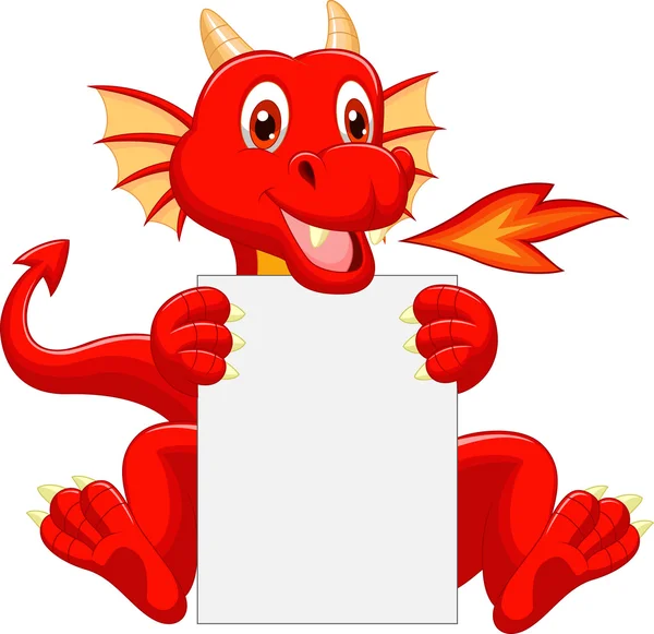 Lindo dragón dibujo animado sosteniendo signo en blanco — Vector de stock