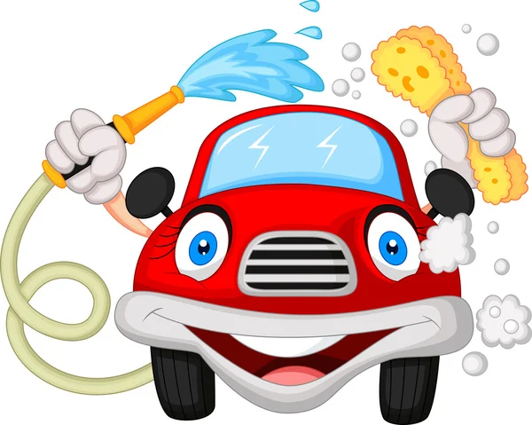 Cartoon auto wassen met water pipe en spons — Stockvector