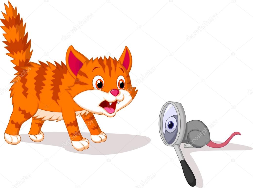 Cat afraid of mouse with magnifying glass