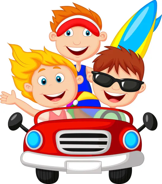 Young man and woman having fun driving their car on a road trip — Stock Vector