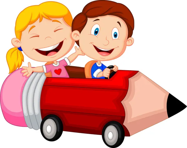 Niños montando lápiz coche — Vector de stock