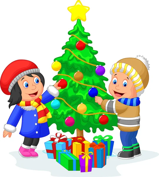 Kids decorating a Christmas tree — Stock Vector
