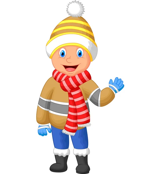 Junge in Winterkleidung winkt — Stockvektor