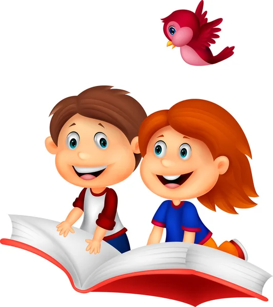 Niño y niña volando en un libro — Vector de stock