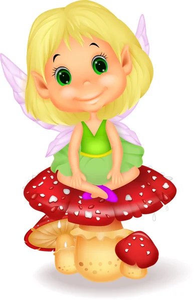 Schattig fairy zittend op paddestoel — Stockvector