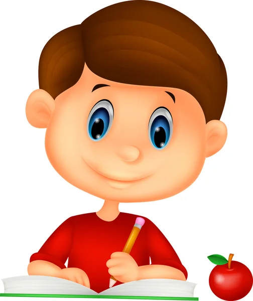 Niño feliz escribiendo en un libro — Vector de stock