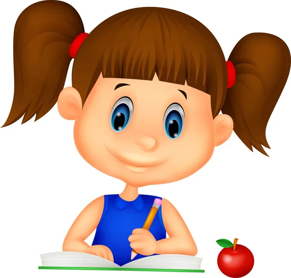 Chica feliz escribiendo en un libro — Vector de stock