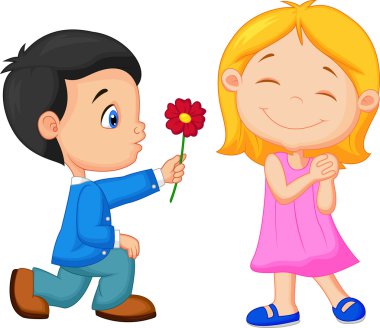 Boy giving flower to girl