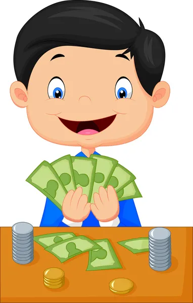 Мультфильм мальчик считая деньги — стоковый вектор