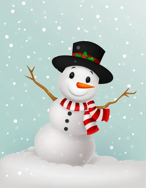 Muñeco de nieve de Navidad con sombrero y bufanda roja — Vector de stock