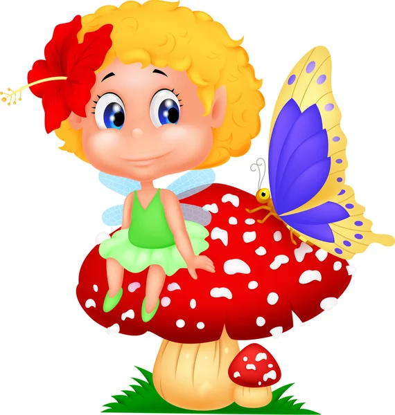 Baby fairy elf sitting on mushroom — Stock Vector