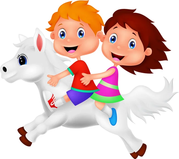Junge und Mädchen reiten auf einem weißen Pferd — Stockvektor