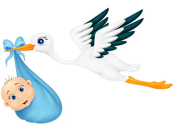 Cartoon stork carrying baby — Stock Vector