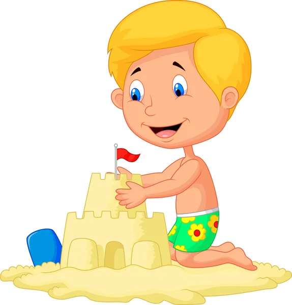 Мультяшний хлопчик робить замок з піску — стоковий вектор