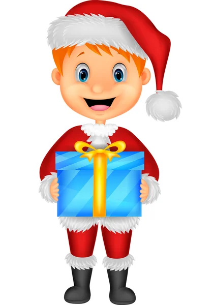 Boy in red clothes holding gift — Stock Vector