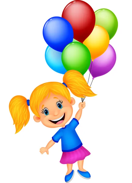 Chica joven volando con globo — Vector de stock