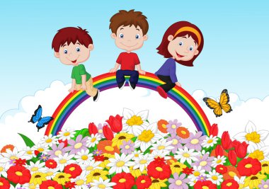 Rainbow üzerinde oturan çocuklar