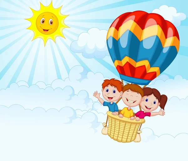 Niños felices montando un globo aerostático — Vector de stock