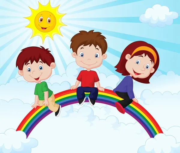 Niños felices sentados en el arco iris — Vector de stock