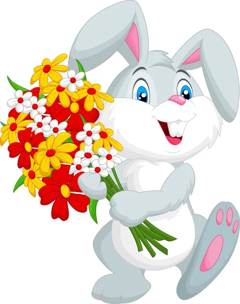 Kelinci kecil yang lucu memegang karangan bunga - Stok Vektor