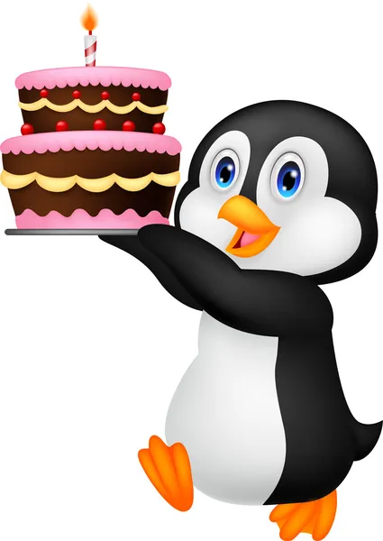 Mignon pingouin tenant gâteau d'anniversaire — Image vectorielle