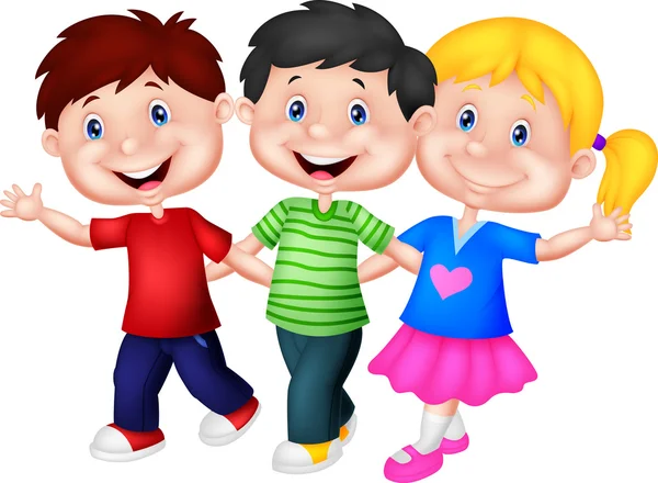 Happy young children cartoon walking together - Stok Vektor