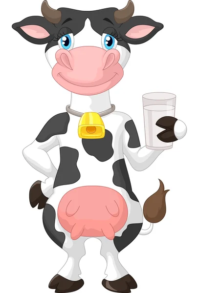 Linda vaca sosteniendo un vaso de leche — Vector de stock