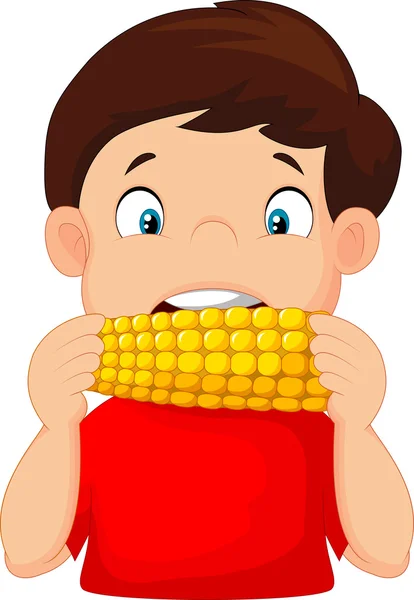 Dessin animé garçon manger du maïs — Image vectorielle