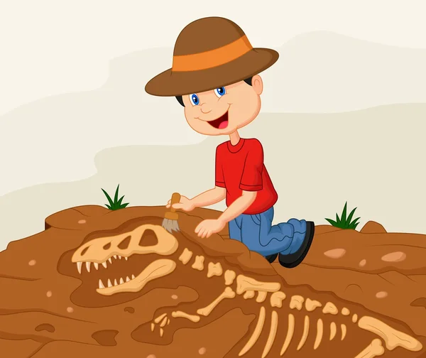 Arqueólogo infantil excavando fósiles de dinosaurios — Vector de stock