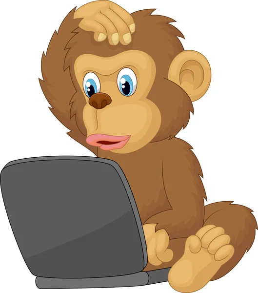 Macaco dos desenhos animados operando laptop —  Vetores de Stock