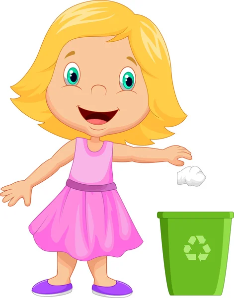 Jovem menina jogando lixo em lixo —  Vetores de Stock