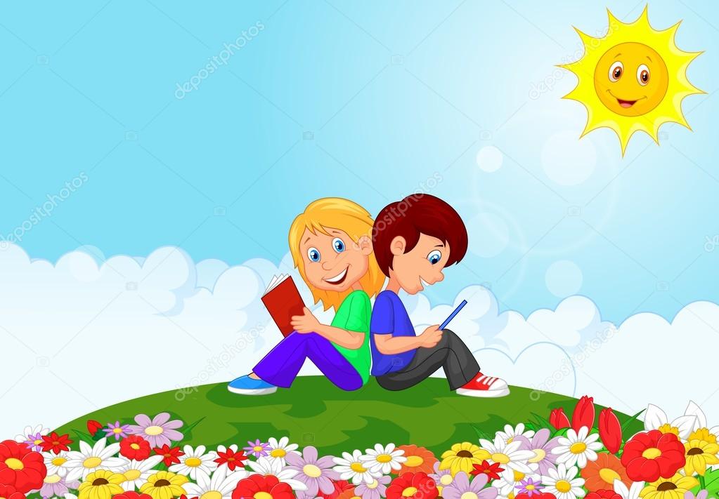 Boy and girl reading books in the flower garden