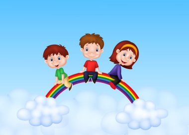 Rainbow üzerinde oturan çocuklar