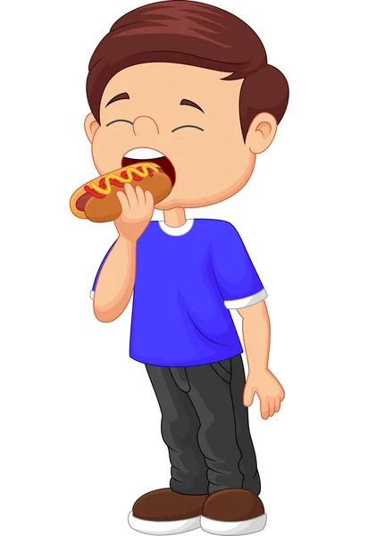 Αγόρι κινουμένων σχεδίων φαγητό χοτ-ντογκ — Διανυσματικό Αρχείο