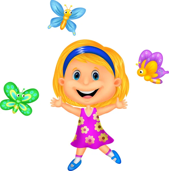 Glad liten flicka med färgglad fjäril — Stock vektor