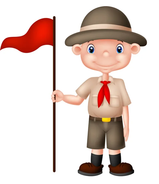 Boy scout sosteniendo bandera roja — Vector de stock