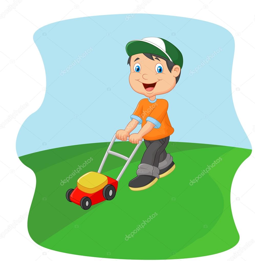 Young man cutting grass