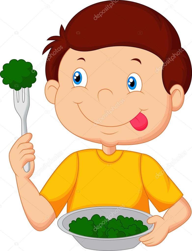 Cute little boy eats vegetable using fork
