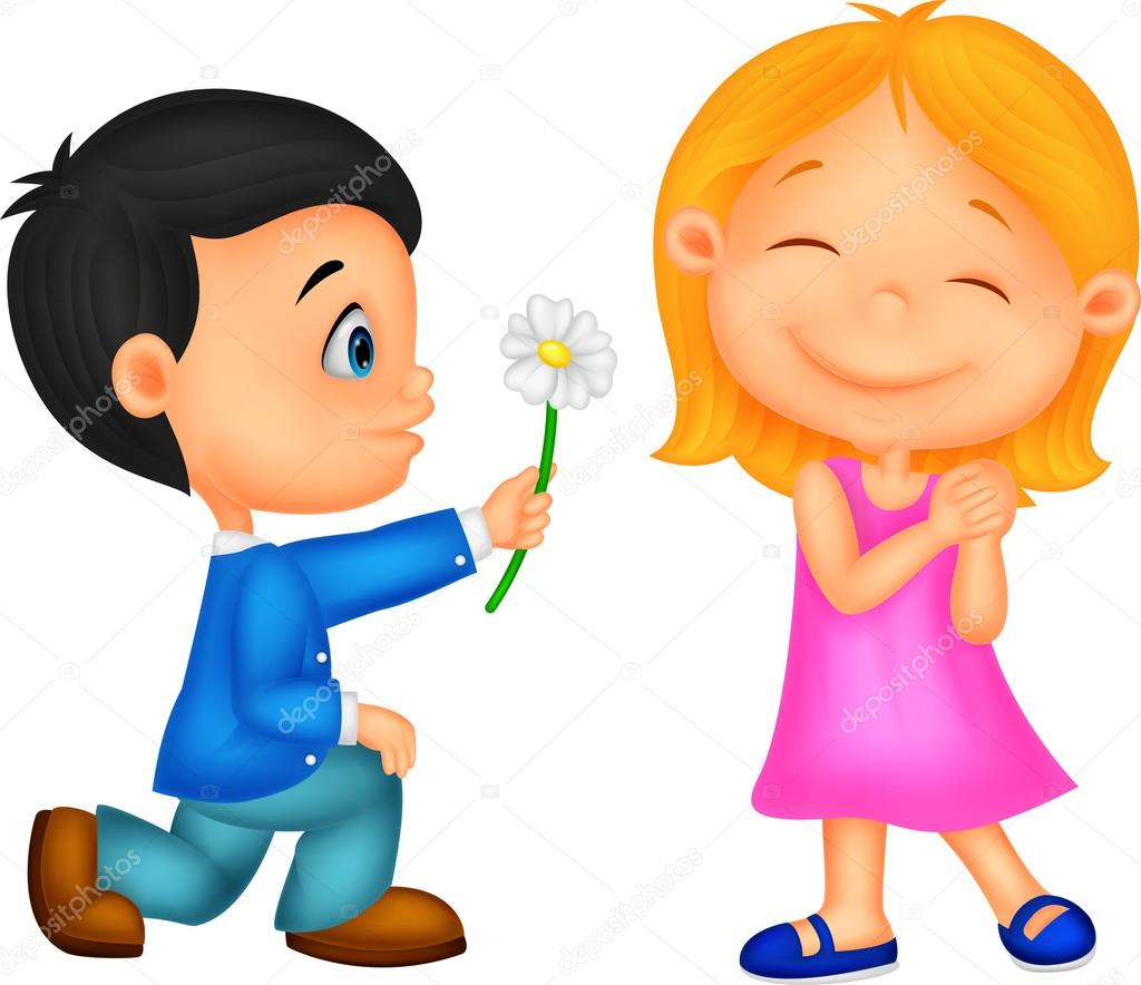 Little boy kneels on one knee giving flowers to girl
