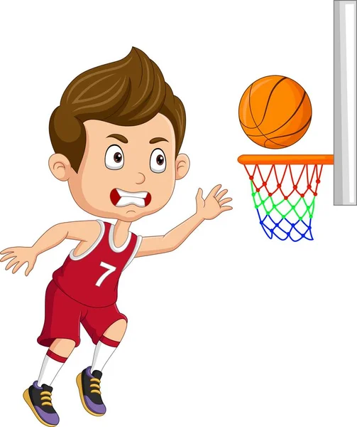 Vektor Illustration Tecknad Liten Pojke Spelar Basket — Stock vektor