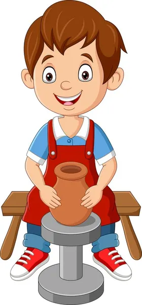 Illustration Vectorielle Mignon Petit Garçon Faisant Pot Argile Poterie — Image vectorielle