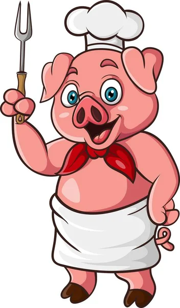 卡通猪厨师拿着叉子的病媒图解 — 图库矢量图片
