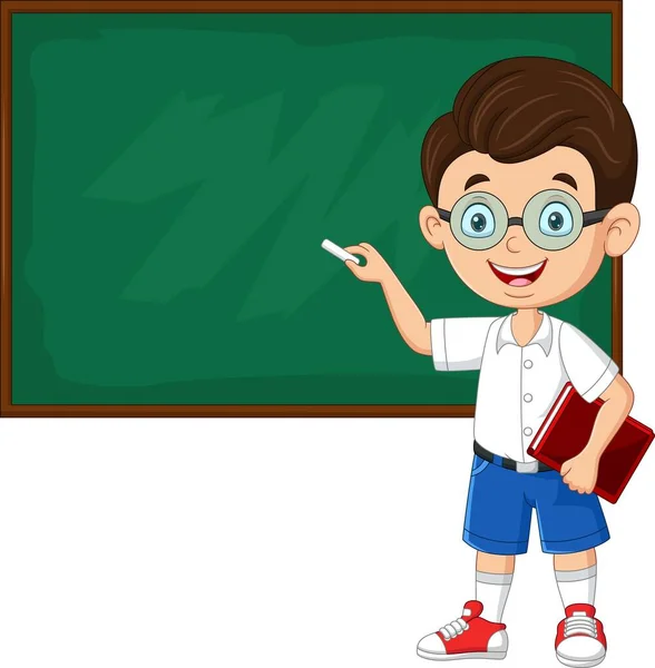 Vector Illustration Cartoon School Boy Writing Blackboard — Stock Vector