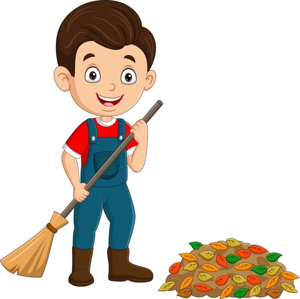 Vector Illustration Cartoon Boy Gardener Raking Leaves — Stock Vector