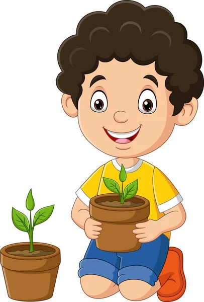 Ilustração Vetorial Bonito Menino Segurando Plantas Vaso —  Vetores de Stock