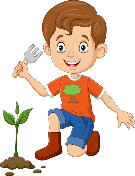 可爱小男孩种植植物的病媒图解 — 图库矢量图片