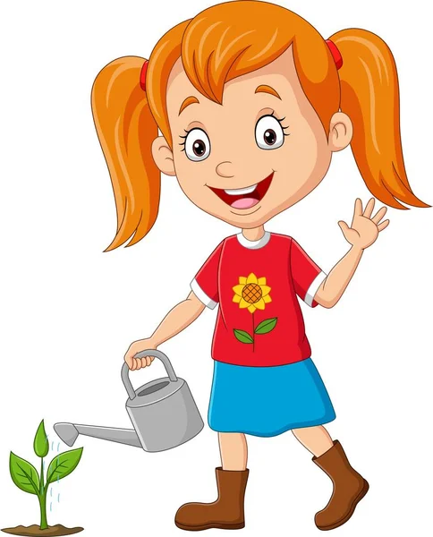 Vector Illustration Cute Little Girl Watering Plants — Stock Vector